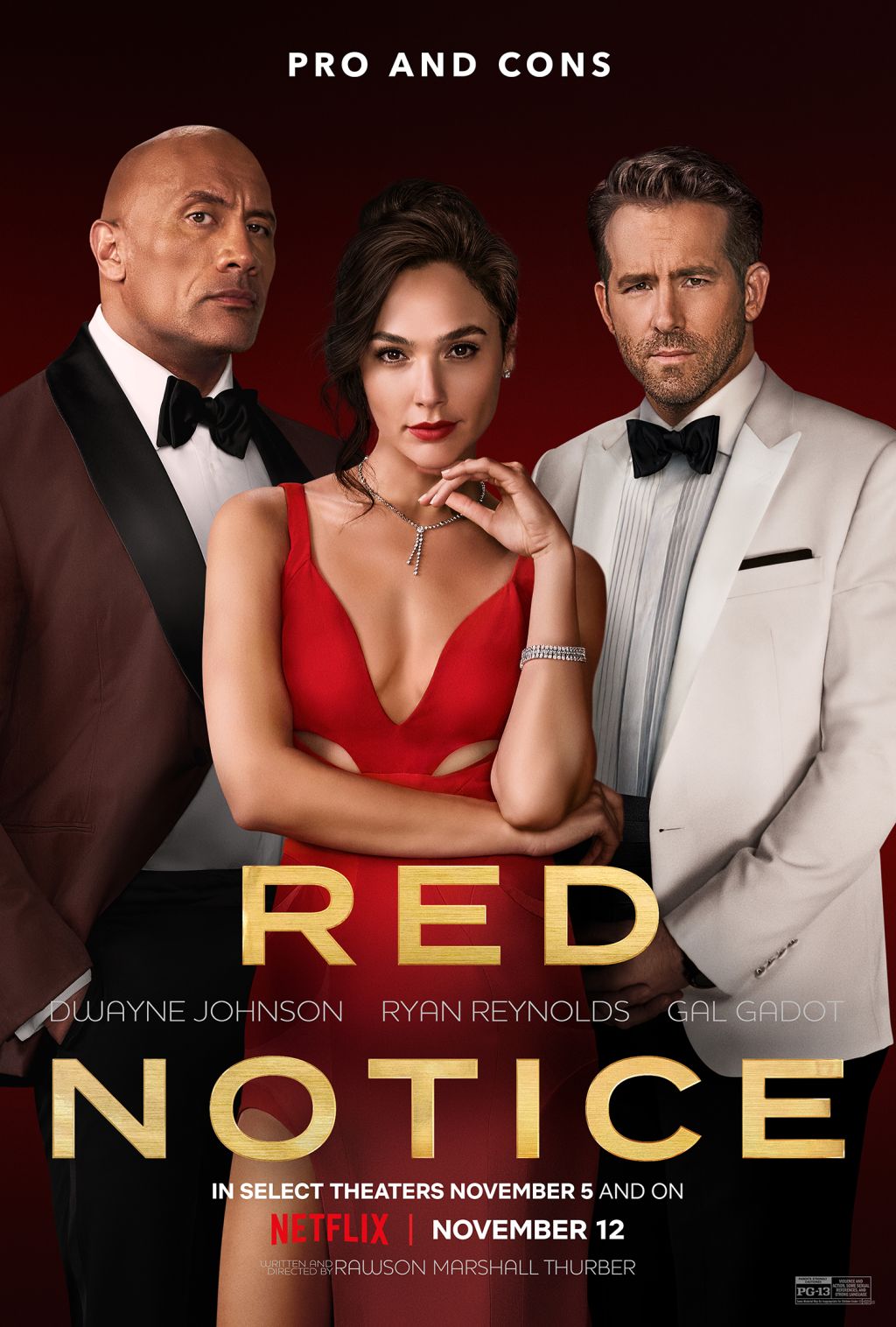 Red Notice starring Dwayne Johnson, Gal Gadot, and Ryan Reynolds