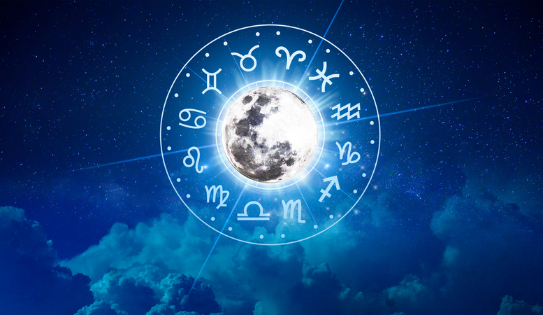 Zodiac signs inside of horoscope circle. Astrology in the sky with many stars and moons astrology and horoscopes concept