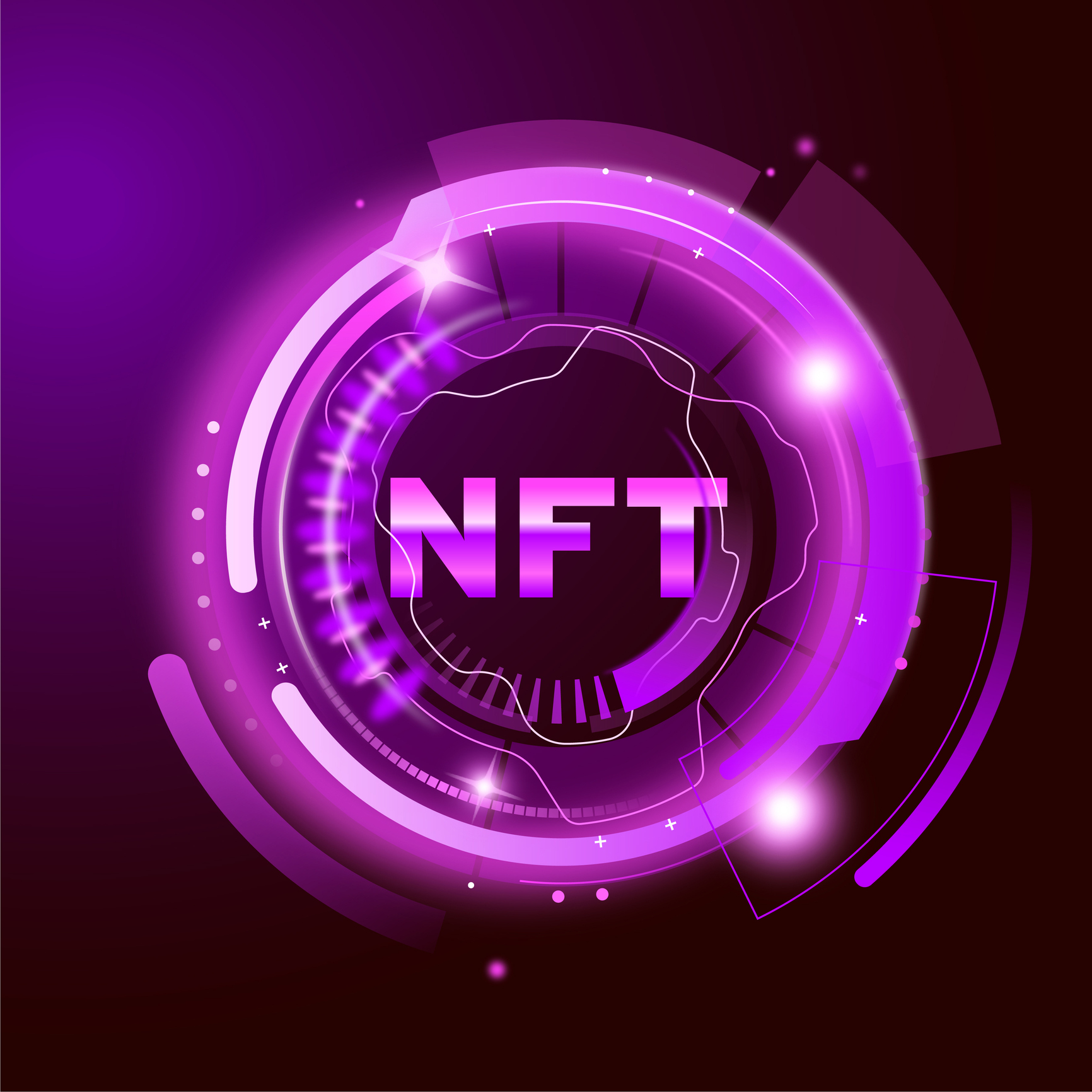 NFT non fungible token in purple color. Online money for unique collectibles and buy exclusive art