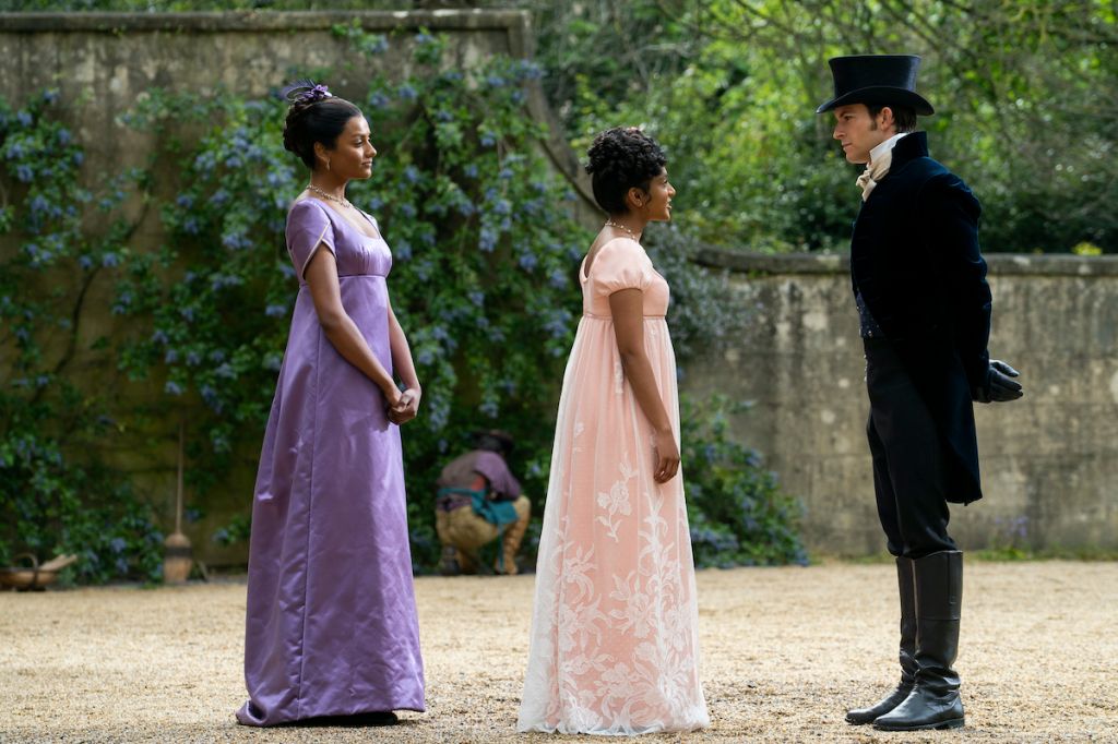 Simone Ashley as Kate Sharma, Charithra Chandran as Edwina Sharma, Jonathan Bailey as Anthony Bridgerton in episode 202 of Bridgerton