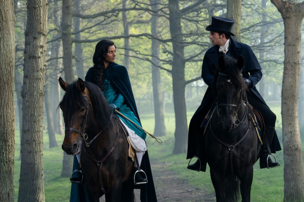 Simone Ashley as Kate Sharma, Jonathan Bailey as Anthony Bridgerton in episode 201 of Bridgerton