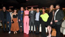 Greg Daniels, Josh Banday, Andrea Rosen, Owen Daniels, Zainab Johnson, Robbie Amell, Amazon Studios COO Albert Cheng, Andy Allo, Allegra Edwards, and Kevin Bigley attend The Season Two Celebration of Upload on Prime Video was held at the West Hollywood EDI