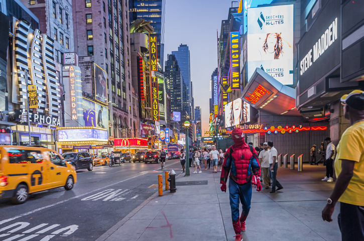 Manhattan, Midtown Manhattan, Broadway, dressed as Spider Man on W 42nd street