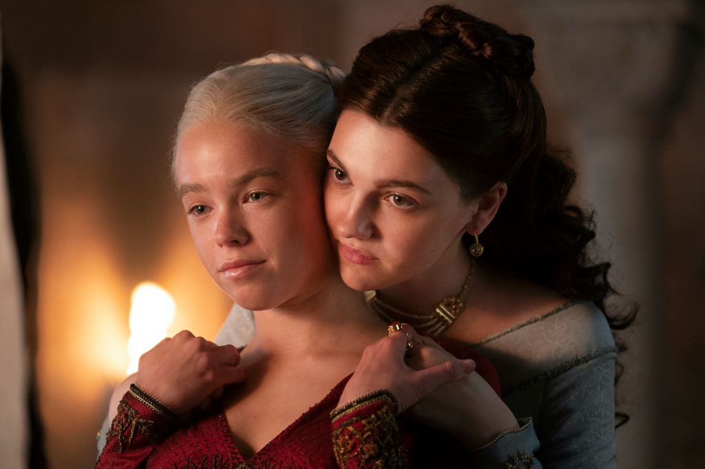 House of the Dragon episodic still of Milly Alcock as Young Rhaenyra, Emily Carey as Young Alicent