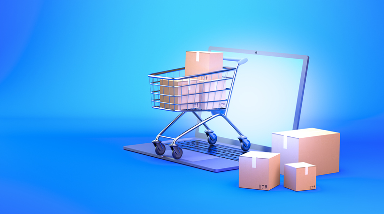 3d render cart shopping online on laptop