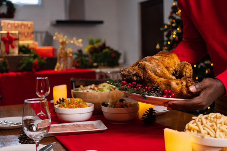 Christmas dinner with roasted turkey, Special food on table in the dinning room for Christmas dinner celebration, Christmas celebration concept