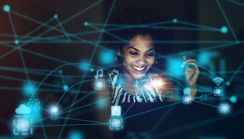 Black woman, cloud computing or hologram futuristic 5g UX tech for networking, analytics or big data strategy. Business network, iot or data analysis computer AI for big data or social media app