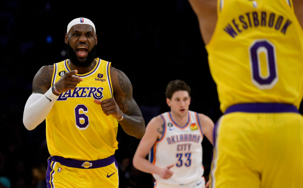 LeBron James #6 of the Los Angeles Lakers sets the All time scoring record.