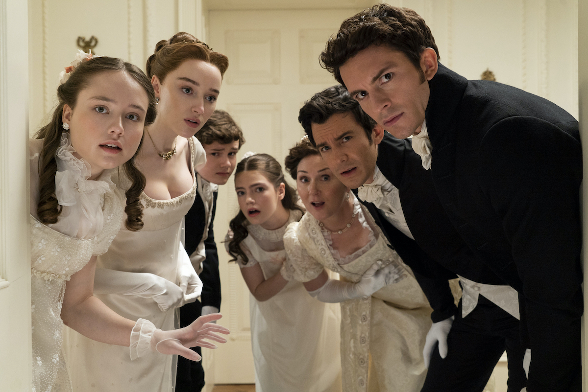 Ruby Stokes as Francesca Bridgerton, Phoebe Dyvenor as Daphne Basset, Will Tilston as Gregory Bridgerton, Florence Emilia Hunt as Hyacinth Bridgerton, Ruth Gemmell as Lady Violet Bridgerton, Luke Thompson as Benedict Bridgerton, Jonathan Bailey as Anthony