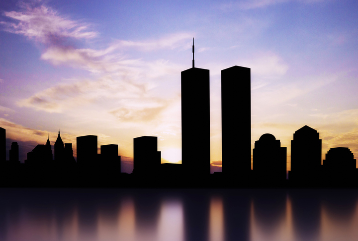 New York skyline silhouette with Twin Towers