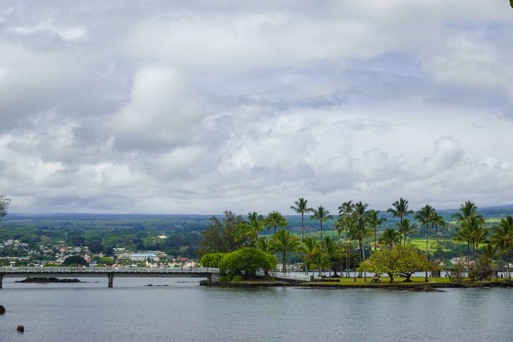 Scenic view of a river with a bridge, lush tropical trees, and a distant town under a cloudy sky,United States,USA