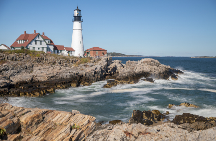 Portland Head Light Lighthouse with Long Exposure Ocean Motion, Cape Elizabeth, Maine, USA