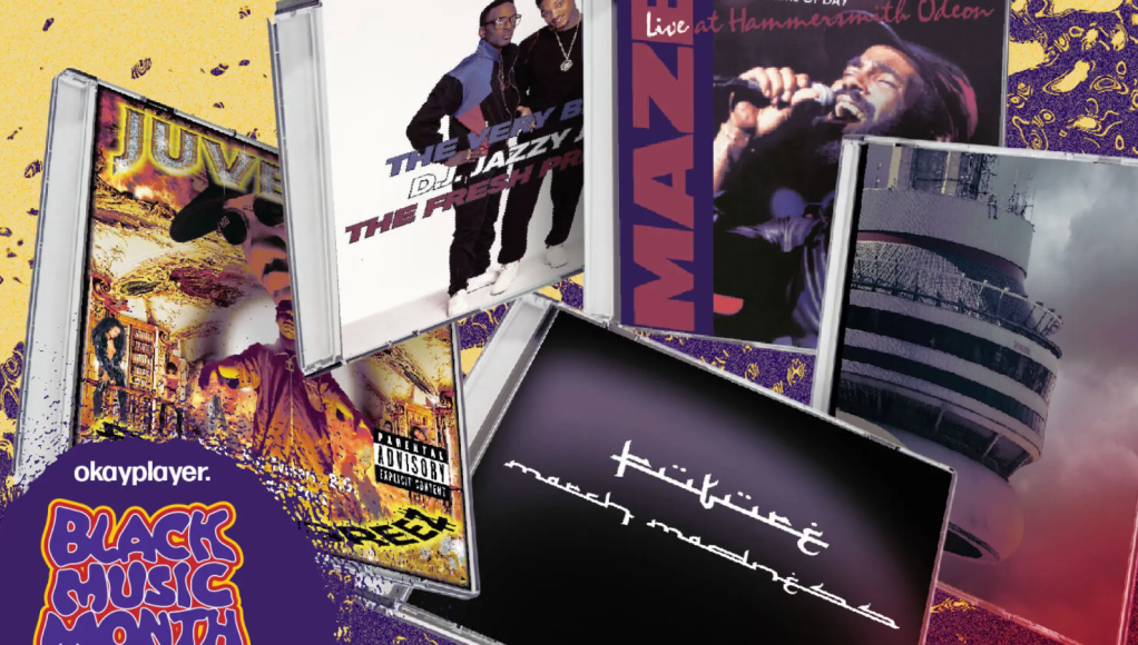 Collage of music album covers and posters featuring various artists, including The Pharcyde, Man, and live performances at Hammersmith Odeon.