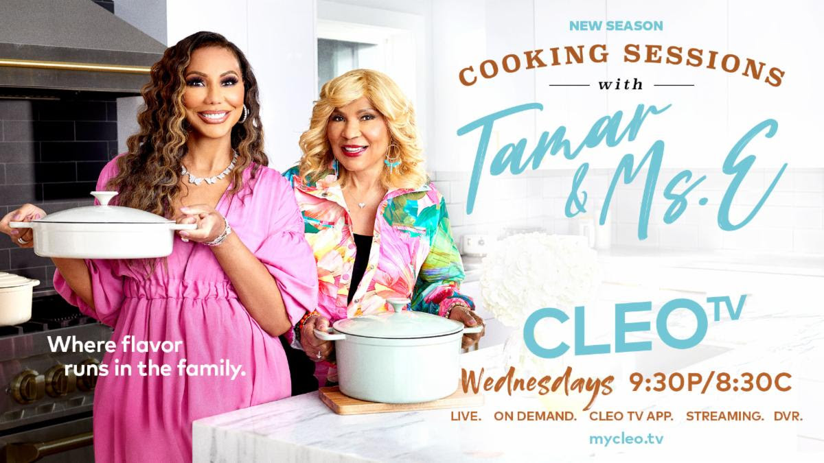 Two women in colorful outfits standing in a kitchen, holding cooking pots and promoting a cooking show called "Cooking Sessions with Tamar & Ms. G" on CLEO TV.