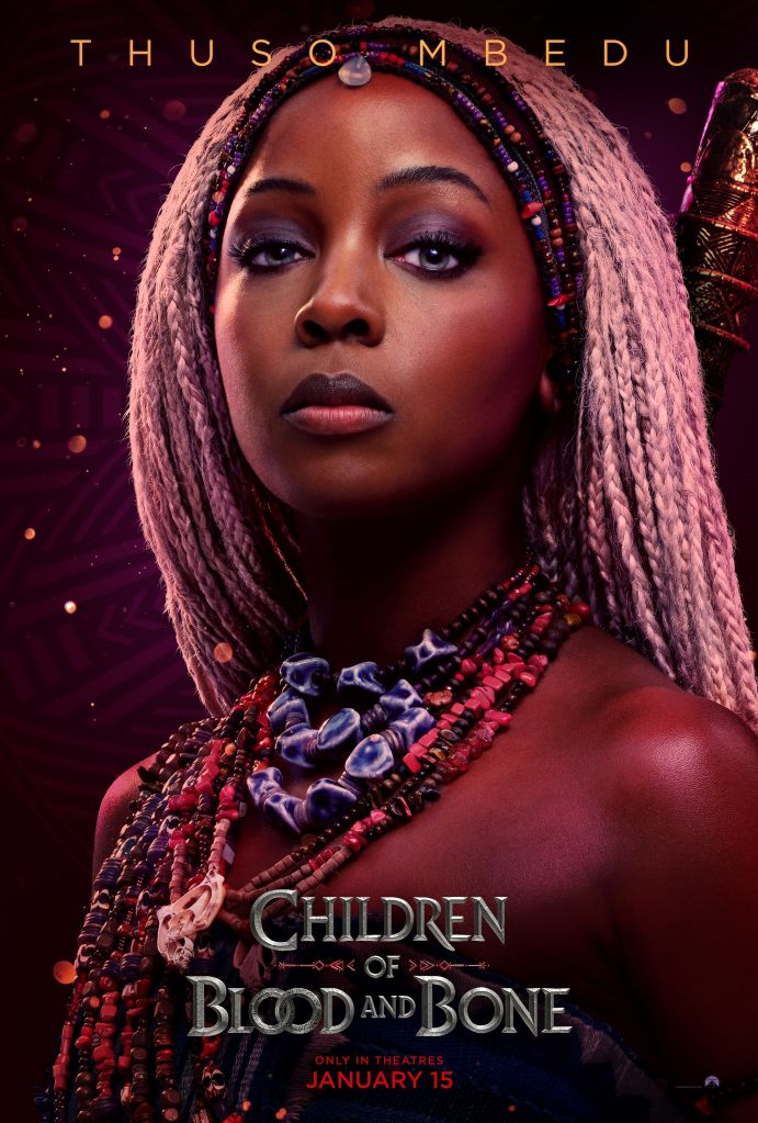 A close-up portrait of a Black woman with elaborate beaded and braided hairstyles, wearing colorful jewelry and makeup, against a dark, glowing background. The text "THUS O MBEDU" and "CHILDREN OF BLOOD AND BONE" is visible.