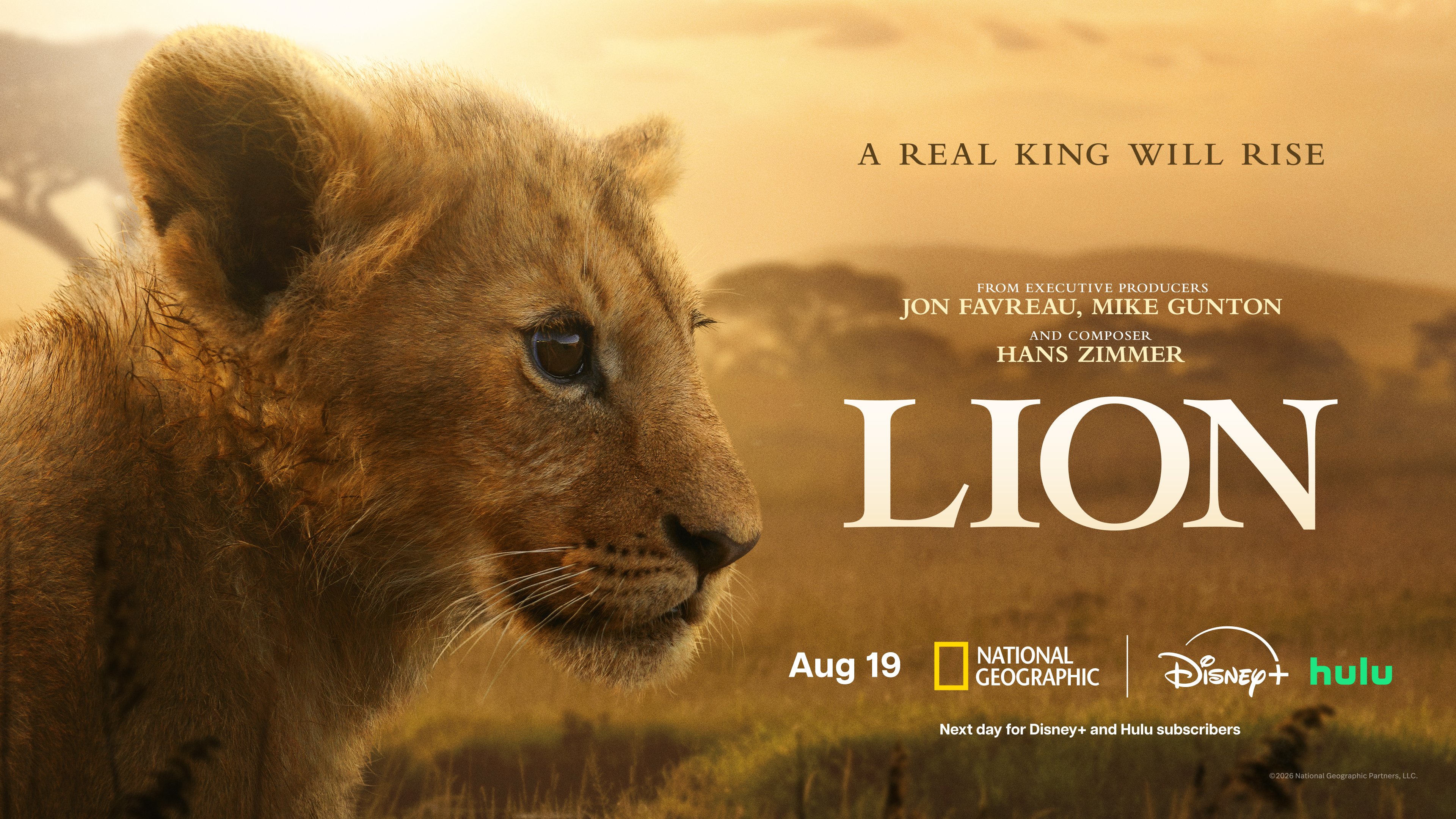 A close-up of a lion's face against a golden, hazy background with text that reads "A REAL KING WILL RISE" and the movie title "LION".
