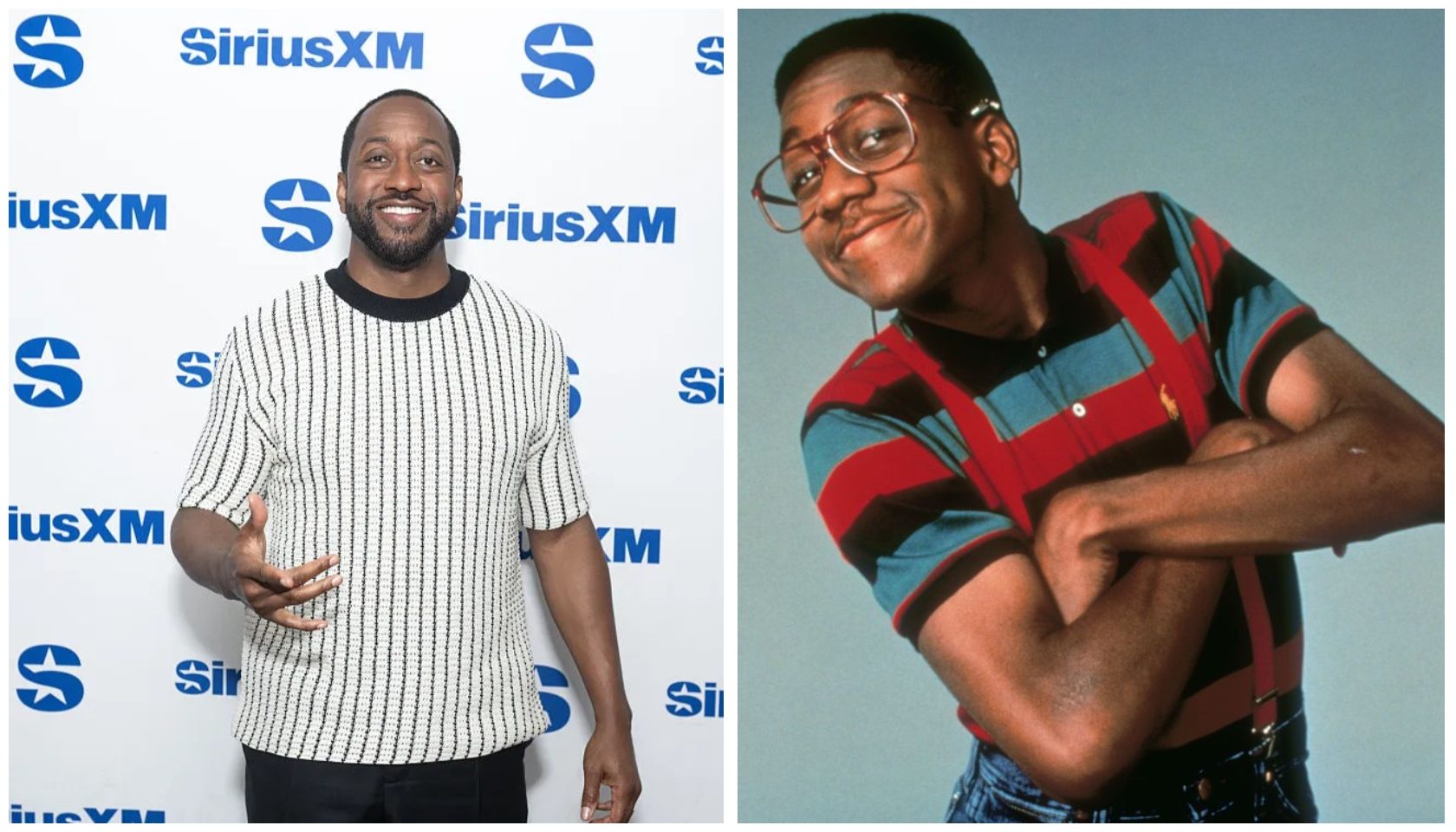 A smiling man wearing a striped shirt and glasses stands in front of a SiriusXM backdrop. Another image shows a man in a red and blue striped shirt and glasses, likely the same person.
